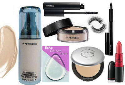 

eska Silicon Puff, Mac Matchmaster Foundation, Studio Prefect Compact, Loose Powder, Zoom Lash Mascara, Pen Eyeliner,Eyelashes,Lady Gaga Lipstick(Set of 8)