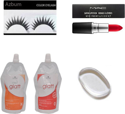 

azbum combo set of eyelashes red lipstick glatt silicon puff(Set of 5)