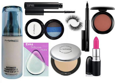 

eska Silicon Puff, Mac Matchmaster Foundation, Studio Prefect Compact, Zoom Lash Mascara, Pen Eyeliner Eyelashes, candy Yum-yum Lipstick, Blusher, 3 Shade Eyeshadow(Set of 9)