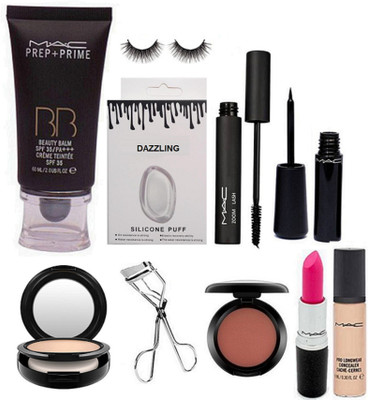 

Dazzling Silicon Puff & MAc Prep+Prime BB Beauty Foundation & Zoom Lash Mascara & Eyeliner & Eyelashes & Curler & Blusher & COmpact & pink lipstick & Pro LOngwear Concealer(Set of 10)