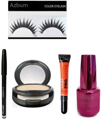 

azbum combo set of eyelashes eyebrow pencil la concealer nail paint compact powder(Set of 5)