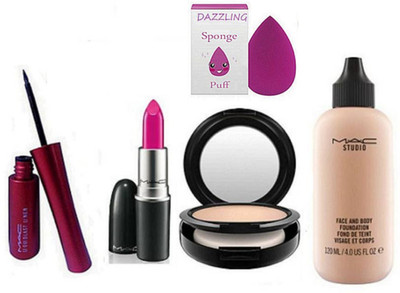 

DAZZLING Sponge Puff & Mac Eyeliner & Pink Lipstick & Face Compact & Face And Body Foundation(Set of 5)