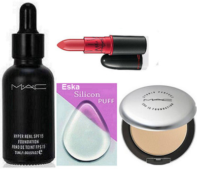

eska Silicon Puff, Mac Hyper Real Foundation SPF 15, Studio Prefect Compact, Lady Gaga Lipstick(Set of 4)
