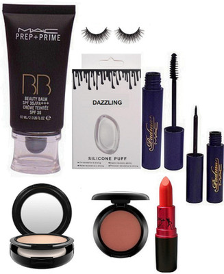 

Dazzling Silicon Puff & MAc Prep+Prime BB Beauty Foundation & Padma Mascara &Padma Eyeliner & Eyelashes & Blusher & COmpact & Lady Gaga lipstick(Set of 8)