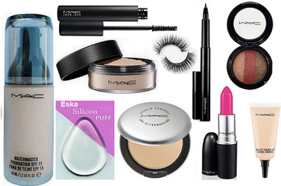 

eska Silicon Puff, Mac Matchmaster Foundation, Studio Prefect Compact, Loose Powder, Zoom Lash Mascara, Pen Eyeliner Eyelashes, candy Yum-yum Lipstick, 3 Shade Eyeshadow, Select Cover-Up(Set of 12)