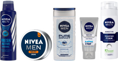 

Nivea Men Festive Kit (Pure Impact Shower Gel + Fresh Active Deodorant + Dark Spot Reduction Creme + Sensitive Shaving Foam + Dark Sport Reduction Face Wash)(Set of 5)