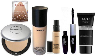 

divas beauty Sponge puff, MAC Matchmaster Foundation & Studio Fix Compact With pro Longwear Concealer, Colorbar Eyeliner mascara 2in 1, NYX Studio Perfect Photo-Loving Face Primer Gel 30 ml(Set of 6)