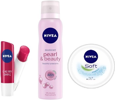 

Nivea (Pearl & beauty Deodorant + Cherry shine Lip Balm + Soft Cream)(Set of 3)