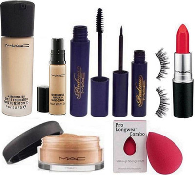 

Pro longwear combo sponge puff & matchmaster liquid foundation & pro longwear concealer & matte finish lipstick & loose powder& Padma eyeliner+mascara with Eyelashes(Set of 8)