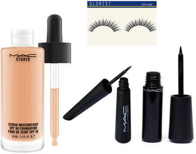

glorist Eyelashes , Mac Studio Waterproof Liquid Foundation , Haute Naughty Liquid Mascara & Eyeliner(Set of 4)