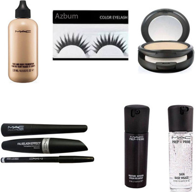 

azbum combo set of face and body foundation eyelashes compact powder eyeliner eyebrow pencil eyemascara prep+prime visage and serum(Set of 8)