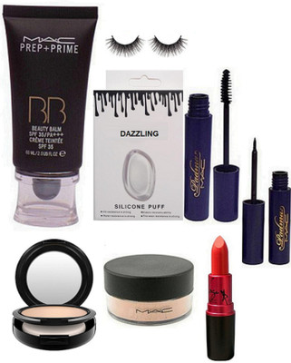 

Dazzling Silicon Puff & MAc Prep+Prime BB Beauty Foundation & Padma Mascara &Padma Eyeliner & Eyelashes & Blusher & COmpact & Lady Gaga lipstick & Loose Powder(Set of 9)