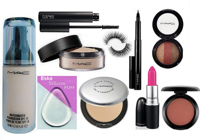 

eska Silicon Puff, Mac Matchmaster Foundation, Studio Prefect Compact, Loose Powder, Zoom Lash Mascara, Pen Eyeliner Eyelashes, candy Yum-yum Lipstick, 3 Shade Eyeshadow,Blusher(Set of 10)