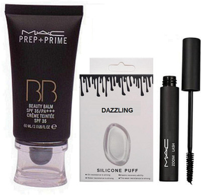 

Dazzling Silicon Puff & MAc Prep+Prime BB Beauty Foundation & Zoom Lash Mascara(Set of 3)