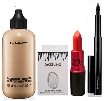 

Dazzling Silicon Puff & Face And Body Foundation & Lady Gaga Lipstick & Pen Eyeliner(Set of 4)