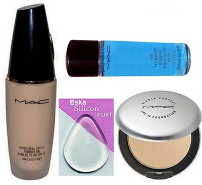 

eska Silicon Puff, Mac Hyper Real Foundation SPF 15, Studio Perfect Compact,MLIquid Makeup Remover(Set of 4)