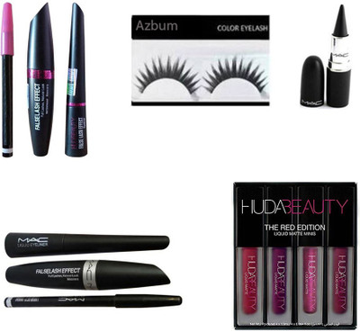 

azbum combo set of eyelashes mac eyeliner eyebrow pencil eyemascara huda eyeliner eyebrow pencil eyemascara kajal huda red edition(Set of 9)