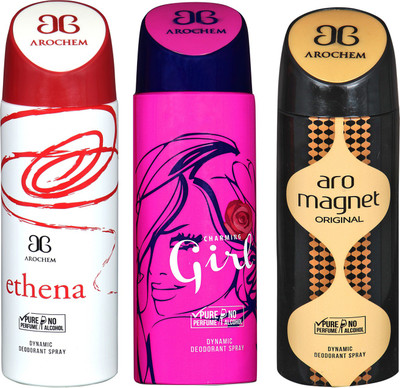

Arochem ETHENA & ARO MAGNET & GIRL COMBO DEO DYNAMIC DEODORANT BODY SPRAY - FOR MEN & WOMEN Body Spray - For Men & Women(600 ml, Pack of 3)