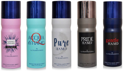 

HAMD Essence,Pure,Pride,Acqua & Gentle Pack of 5 Deodorant Spray - For Men & Women(1000 ml, Pack of 5)