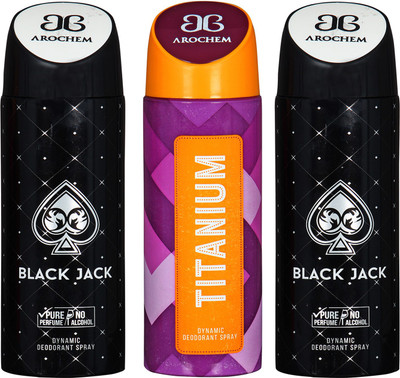 

Arochem BLACK JACK -2 & TITANIUM COMBO DEO DYNAMIC DEODORANT BODY SPRAY - FOR MEN & WOMEN Body Spray - For Men & Women(600 ml, Pack of 3)