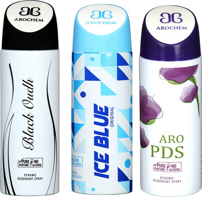 

Arochem BLACK OUDH & ARO PDS & ICE BLUE COMBO DEO DYNAMIC DEODORANT BODY SPRAY - FOR MEN & WOMEN Body Spray - For Men & Women(600 ml, Pack of 3)