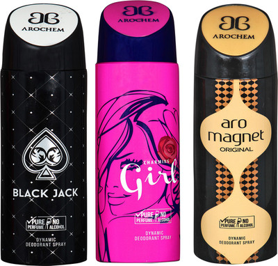 

Arochem BLACK JACK & ARO MAGNET & GIRL COMBO DEO DYNAMIC DEODORANT BODY SPRAY - FOR MEN & WOMEN Body Spray - For Men & Women(600 ml, Pack of 3)