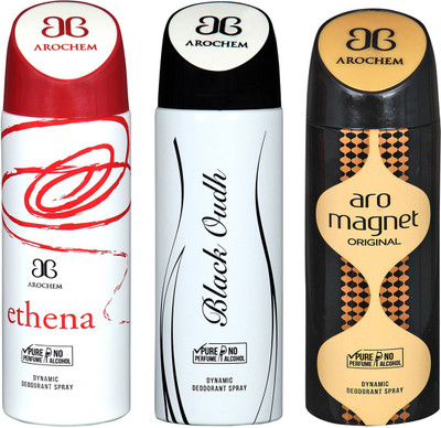 

AROCHEM ETHENA & ARO MEGNET & BLACK OUDH DYNAMIC DEODORANT BODY SPRAY BODY DEO SPRAY Body Spray - For Men & Women(600 ml, Pack of 3)