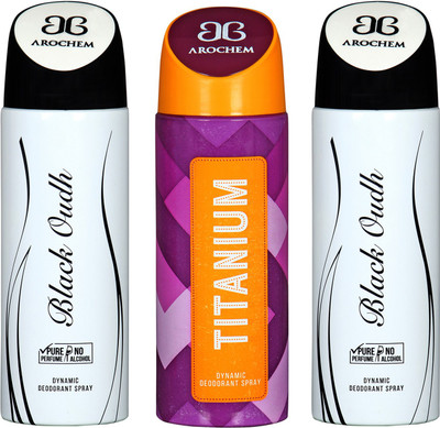 

Arochem BLACK OUDH -2 & TITANIUM COMBO DEO DYNAMIC DEODORANT BODY SPRAY - FOR MEN & WOMEN Body Spray - For Men & Women(600 ml, Pack of 3)