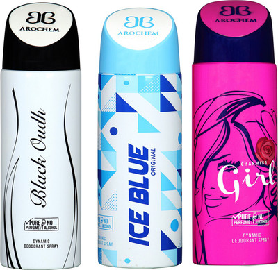 

Arochem BLACK OUDH & GIRL & ICE BLUE COMBO DEO DYNAMIC DEODORANT BODY SPRAY - FOR MEN & WOMEN Body Spray - For Men & Women(600 ml, Pack of 3)