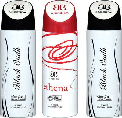 

Arochem BLACK OUDH -2 & ETHENA COMBO DEO DYNAMIC DEODORANT BODY SPRAY - FOR MEN & WOMEN Body Spray - For Men & Women(600 ml, Pack of 3)