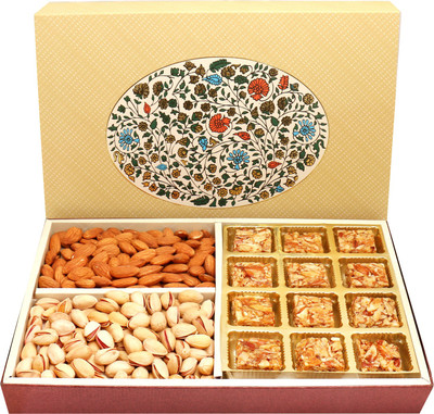 

Ghasitaram Gifts Eco 4 Part Print 12 Pcs Roasted Almond Bites ,Almonds and Pistachios Hamper Box Combo(4)