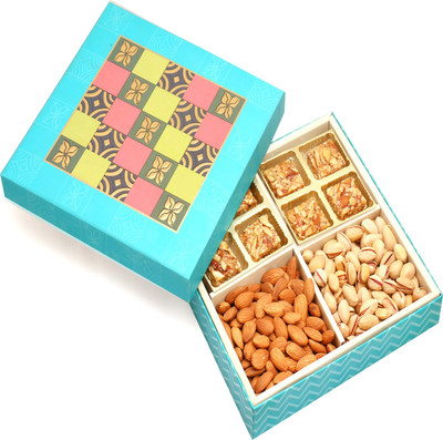 

Ghasitaram Gifts Blue Print 8 Pcs Roasted Almond Bites ,Almonds and Pistachios Hamper Box Combo(4)