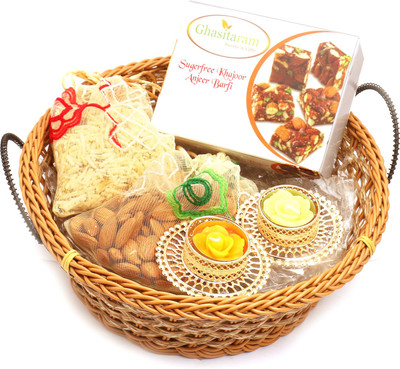 

Ghasitaram Gifts Healthy Hampers- Big Cane Basket with Sugarfree Mix, Almonds, Roasted Protein Mix Namkeen Pouch with 2- T-lites Combo(6)