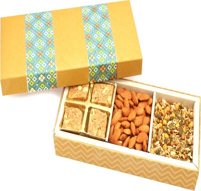 

Ghasitaram Gifts Healthy Hampers-3 Part Print Almonds, Granula Bites and Roasted Namkeen Box Combo(4)