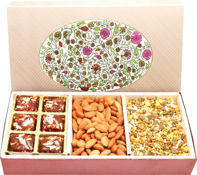 

Ghasitaram Gifts Healthy Hampers-3 Part Eco Almonds, Sugarfree Dates and Figs Bites and Roasted Namkeen Box Combo(4)