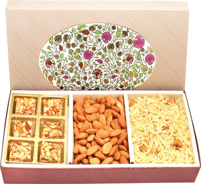 

Ghasitaram Gifts 3 Part Eco Almonds, Roasted Almond Bites and Namkeen Box Combo(4)