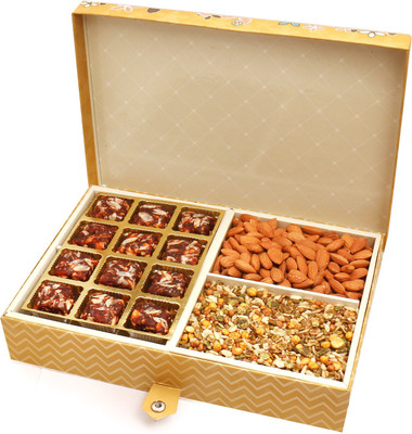 

Ghasitaram Gifts Healthy Hampers-Gold 4 Print 12 Pcs Sugarfree Dates and Figs Bites ,Almonds and Roasted Namkeen Hamper Box Combo(4)
