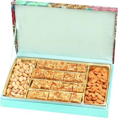 

Ghasitaram Gifts Festive Wooden Hamper box with Roasted Almond Delight , Almonds and Pistachios Combo(4)