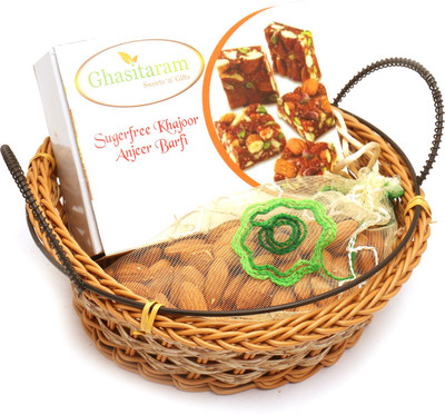 Ghasitaram Gifts Healthy Hampers- Small Cane Basket with Sugarfree Mix and Almonds Pouch Combo(3)