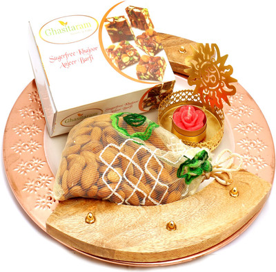 

Ghasitaram Gifts Healthy Hampers-Wooden copper Platter with Sugarfree Mix, almonds Pouch and Om T- Lite Combo(4)