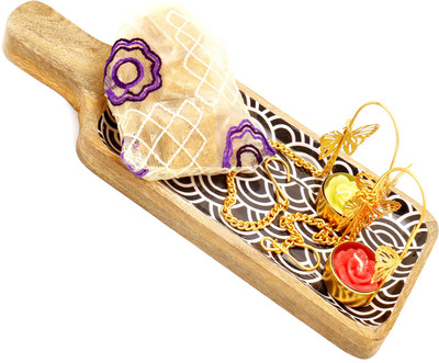 

Ghasitaram Gifts Healthy Hampers-Wooden Blue Serving Platter/ Pooja Thali with 2 Hanging T-Lite and Granula Bites Pouch Combo(4)