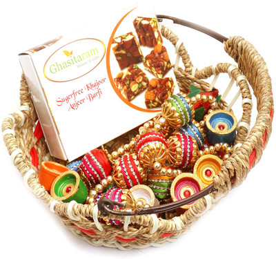 

Ghasitaram Gifts Healthy Hampers-Jute Cane Basket with Sugarfree Mix, Toran and Diyas Combo(9)