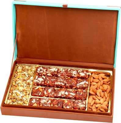 

Ghasitaram Gifts Healthy Hampers-Green Wooden Hamper box with Sugarfree Dates and Figs Bites, Almonds and Roasted Namkeens Combo(4)