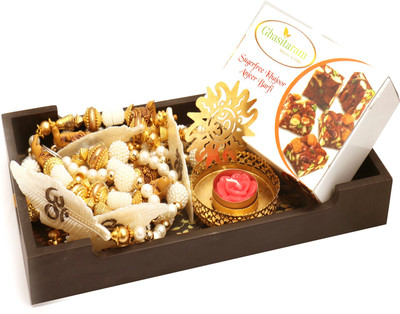 

Ghasitaram Gifts Healthy Hampers-Yellow Wooden Tray with Sugarfree Mix, Toran and Om T-lIte Combo(3)