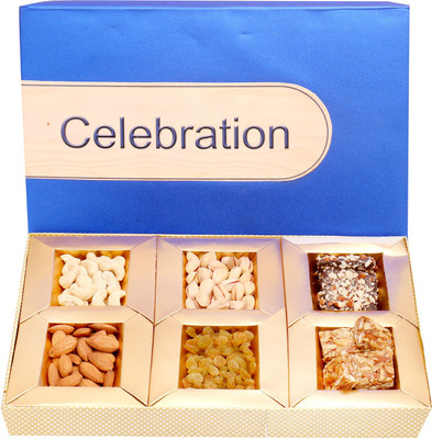 

Ghasitaram Gifts Blue Celebration Hamper box with Roasted Almond Bites, English Brittles Chocolates and Dryfruits Combo(7)