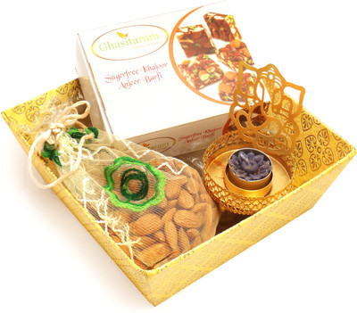 

Ghasitaram Gifts Healthy Hampers-Yellow Basket Basket with Sugarfree Mix, Almonds Pouch with Ganesha T- Lite Combo(4)