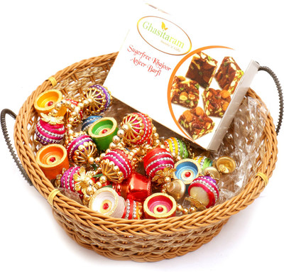

Ghasitaram Gifts Healthy Hampers-Big Cane Basket Basket with Sugarfree Mix, Toran and Diyas Combo(9)