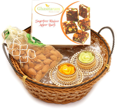 

Ghasitaram Gifts Healthy Hampers- Medium Cane Basket Basket with Sugarfree Mix, Almonds Pouch with 2 T- Lites Combo(5)