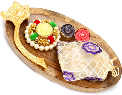 

Ghasitaram Gifts Healthy Hampers- Wooden Pooja Thali/ Platter with Pearl T-Lite and Granula Bites Pouch Combo(3)