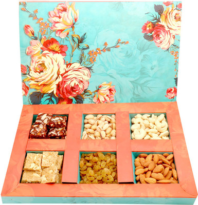 

Ghasitaram Gifts Healthy Hampers-Floral Hamper box with Sugarfree Dates and Figs Bites, Granula Bites and Dryfruits Combo(7)